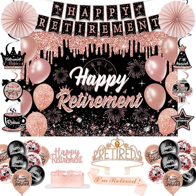 Retirement Party Decorations for Women, Pre-Assembled Rose Gold Black Set. | by Unknown