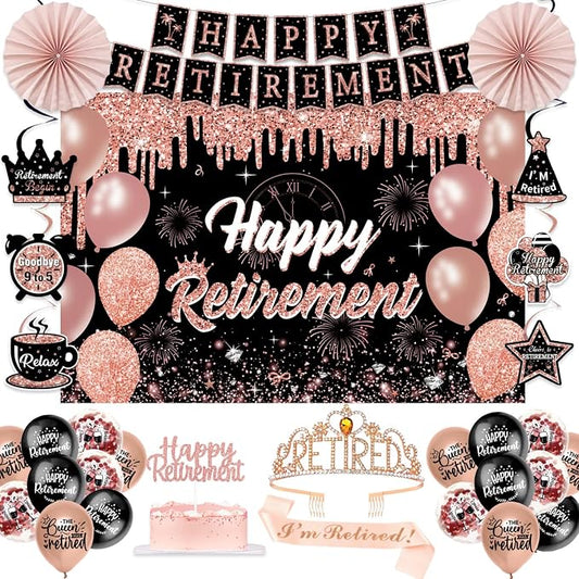 Retirement Party Decorations for Women, Pre-Assembled Rose Gold Black Set. | by Unknown
