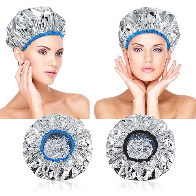 2 Pcs Aluminum Foil Deep Conditioning Hair Cap Reusable Heat Cap For Deep Conditioning Thickened Hair Cap for Oil Treatment Heated Shower Cap Processing Caps for Hair Dye Cap for Home and Salon Use