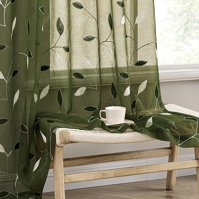 MIULEE Olive Green Sheer Curtains 2 Panels Leaf Patterned, W52 x L84 | by MIULEE
