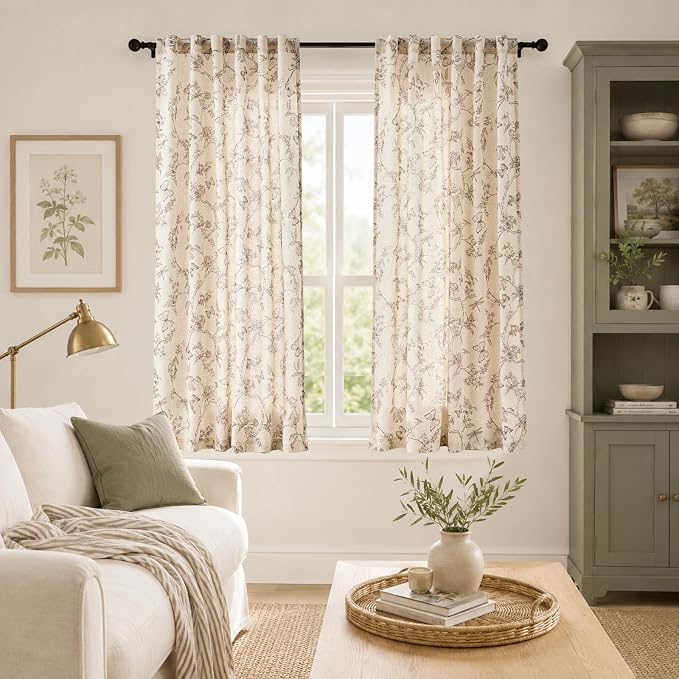 Taupe Floral Linen Curtains Farmhouse Rod Pocket 50W X 63L 2 Panels | Charlotte - Image 4