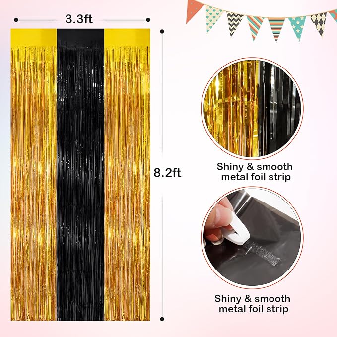 Black Gold Metallic Tinsel Foil Fringe Curtains, 2 Pack 3.3x8.3 Feet Party - Image 2