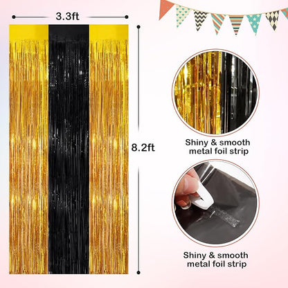 Black Gold Metallic Tinsel Foil Fringe Curtains, 2 Pack 3.3x8.3 Feet Party - Image 2