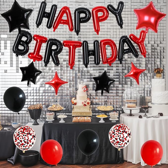 Happy Birthday Balloon Banner Red and Black, 16 Inch Mylar Foil Letter Balloons - Image 5