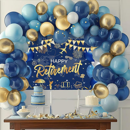 Mocsicka Happy Retirement Party Decorations Backdrop Banner 6x3.6ft | Blue Gold - Image 3