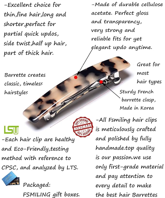 Fsmiling Hair Barrettes for Women French Hair Barrette Clip Small Acetate Hair Clips Barrette No Slip Hair Accessories 3-Pack