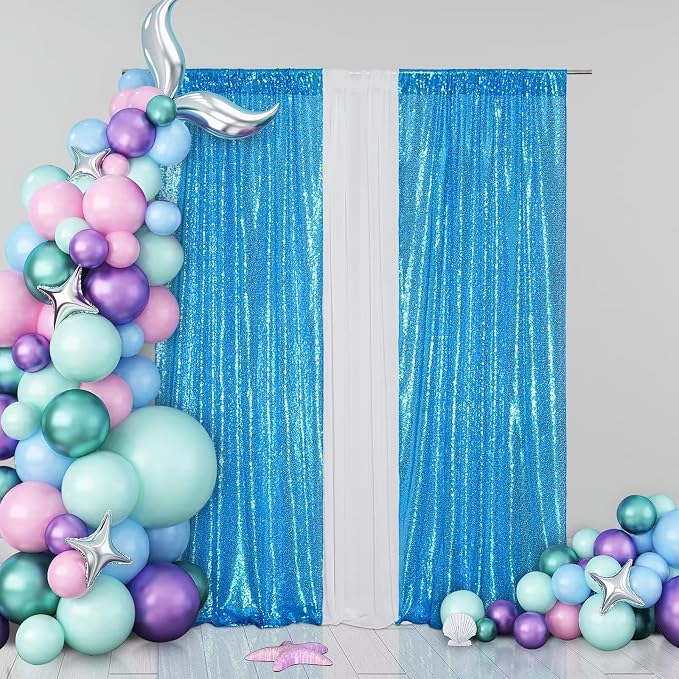 Eternal Beauty Turquoise Sequin Backdrop Curtains, 2 Panels 2x8FT | 3mm Sparkle - Image 3