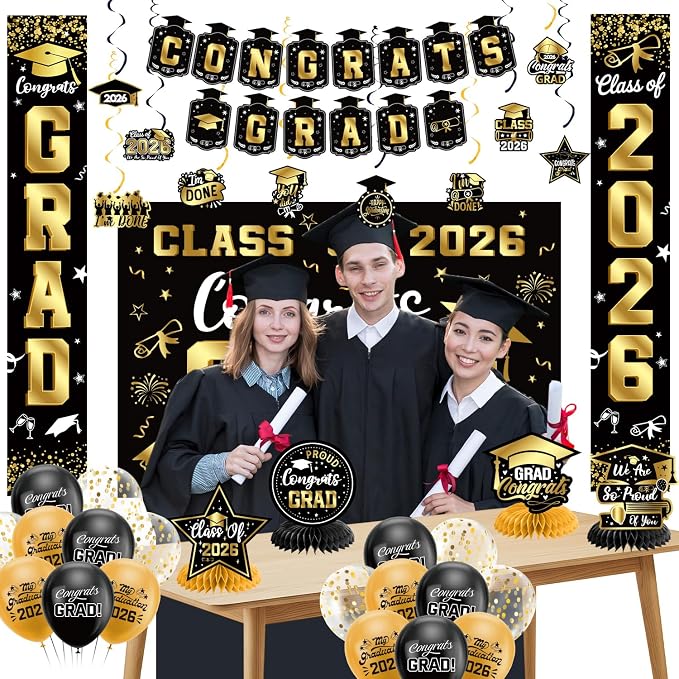 Graduation Decorations 2026 Set Black Gold, Congrats Grad Decor Set - Image 2