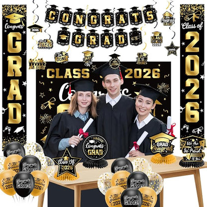 Graduation Decorations 2026 Set Black Gold, Congrats Grad Decor Set - Image 2