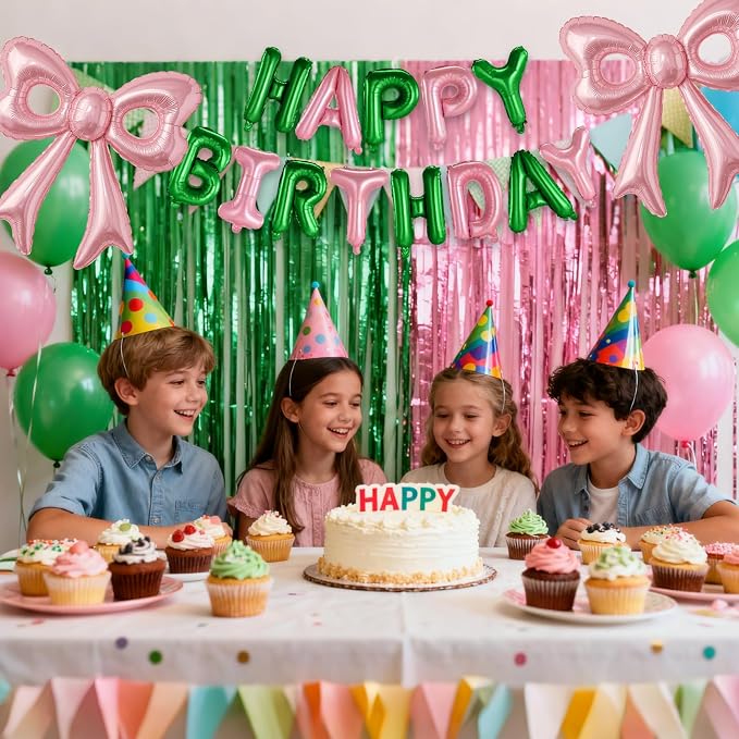 Pink and Green Happy Birthday Balloons, 31”Huge Pink Bow Aluminum Foil Balloons - Image 9