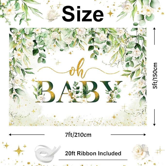 Greenery Boy Baby Shower Decorations Banner Floral Green Sage Oh Baby Backdrop - Image 2
