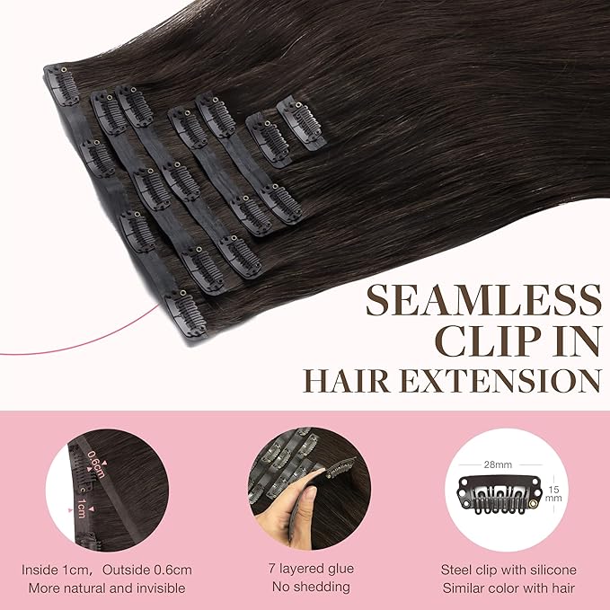 GOO GOO Clip in Hair Extensions Real Human Hair, Remy Human Hair Extensions Clip ins for Women, Natural Human Hair, 20inch 110g 7Pcs, 2A Light Brown