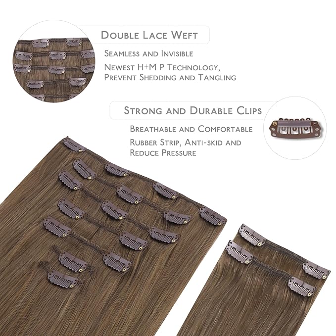 WENNALIFE Clip in Hair Extensions, 150g 18 Inch 9pcs Light Ash Brown Human Hair Extensions Thicker Clip in Hair Extensions Real Human Hair Clip Set Double Weft