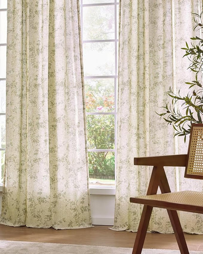 Extra Long Green Vintage Floral Linen Curtains Farmhouse 2 Panels | Elisa - Image 8