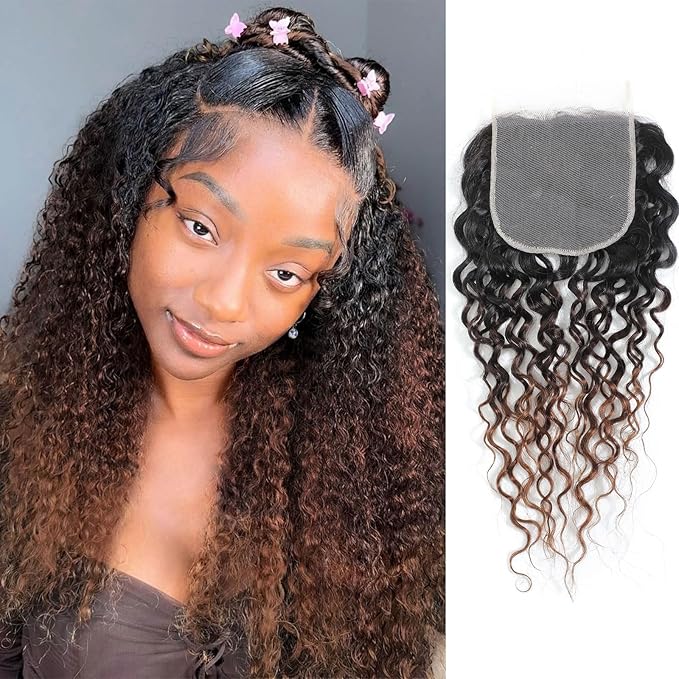 T1B/2/30 Ombre 5x5 Water Wave Lace Closure 100% Real Human Hair 12 Inch Chestnut Brown Ombre Water Wave Transparent Lace Closure