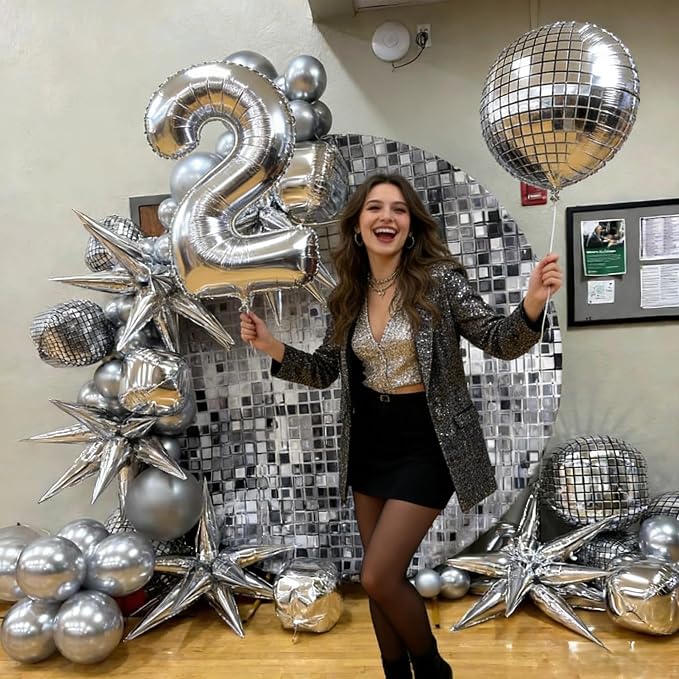 HILAVO 22 Inch Large 4D Metallic Silver Disco Ball Balloon - Image 3