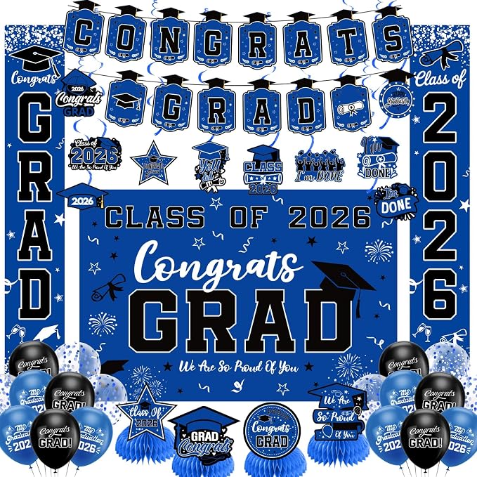 Graduation Decorations 2026 Blue Set, Congrats Grad Decor Set by Unknown