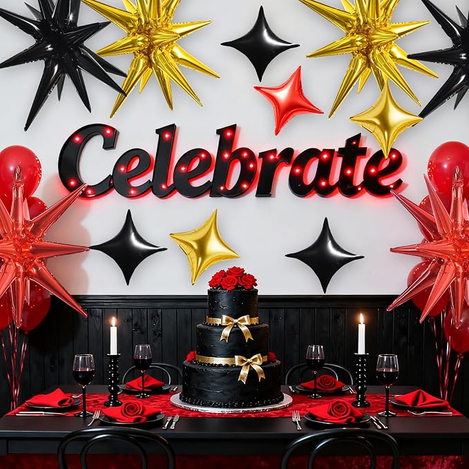 TONIFUL 22Inch 18Pcs Black Gold Red Explosion Star Mylar Balloons and 10Inch - Image 4