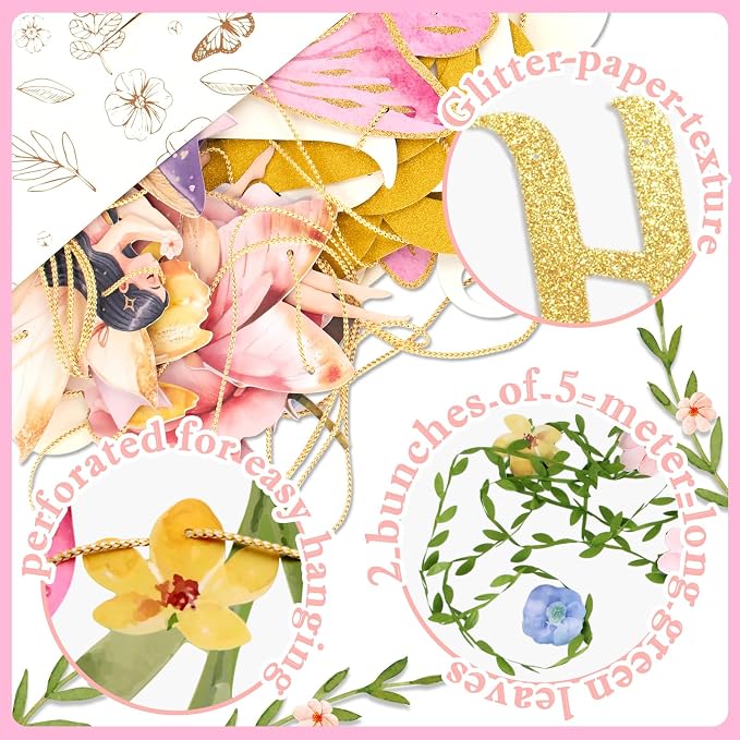 SUNBEAUTY Fairy Birthday Party Banner Fairy Party Decorations Fairy First - Image 3