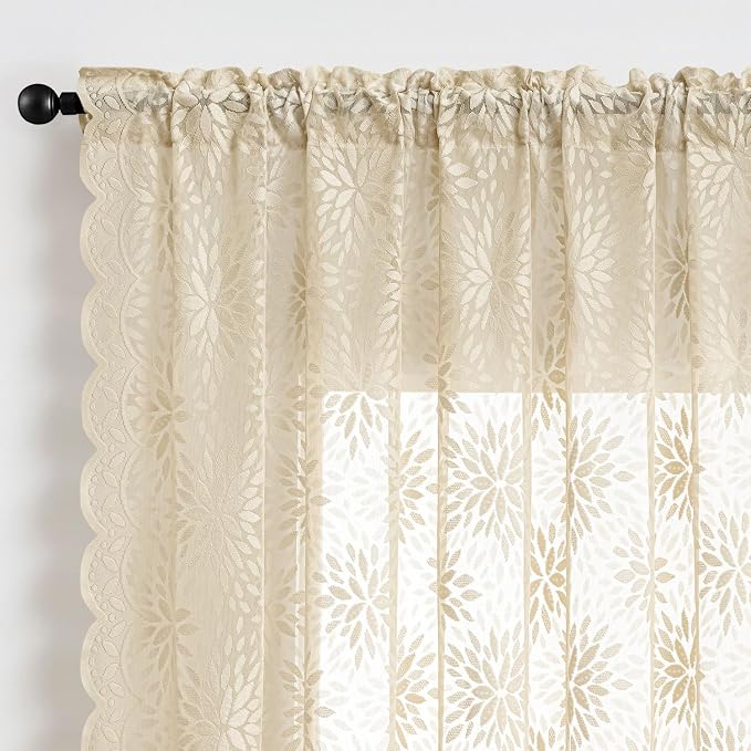MIULEE Vintage Floral Scalloped Lace Curtains 2 Panels, Cream 52" W x 63" L | - Image 6
