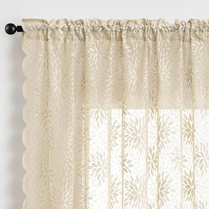 MIULEE Vintage Floral Scalloped Lace Curtains 2 Panels, Cream 52" W x 63" L | - Image 6