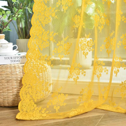 Kotile Mustard Yellow Sheer Lace Curtains - Image 5