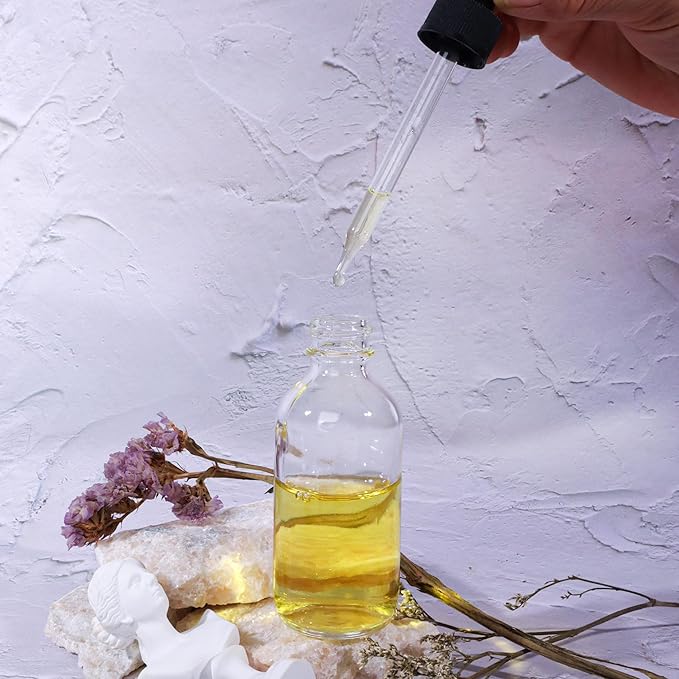 48 Pack 2oz Clear Glass Bottles with Glass Eye Droppers for Essential Oils, Perfumes & Lab Chemicals (Brush, Funnels, 2 Extra Droppers, 54 Pieces Labels & 30ml Measuring Cup Included)