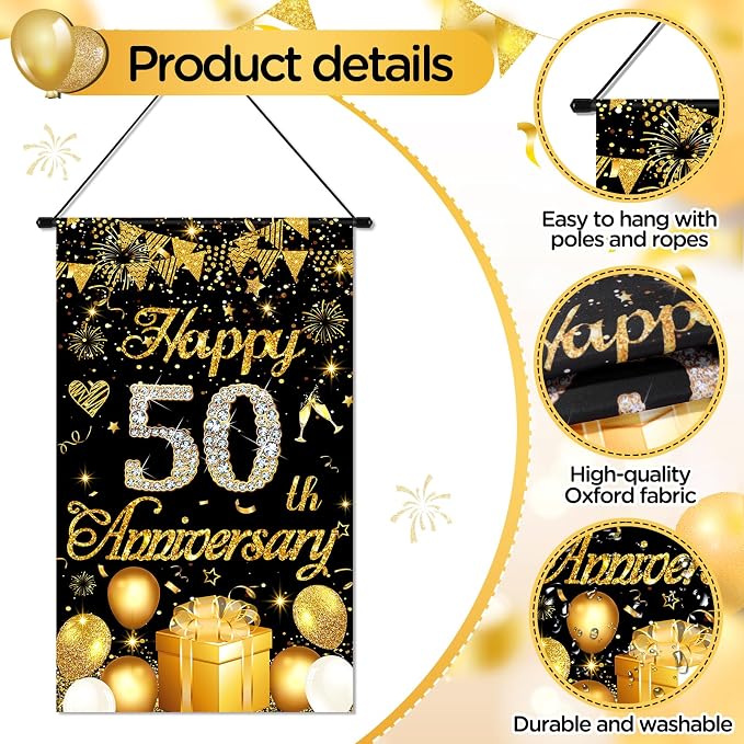50th Anniversary Decorations Small Banner Black Gold Happy 50th Anniversary - Image 7