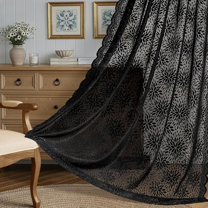 MIULEE Black Floral Lace Curtains 2 Panels, Light Filtering Rod Pocket Panels - Image 3