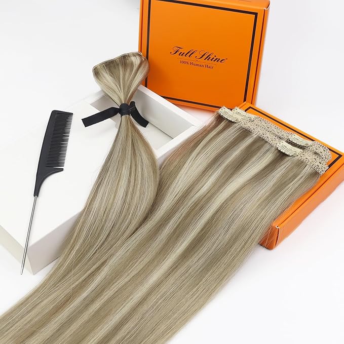 Full Shine Blonde Extensions Clip in 16 Inch Clip in Hair Extensions Real Human Hair Lace Weft Brown and Blonde Highlight Hair for Thin Hair 3 PCS 60 Grams