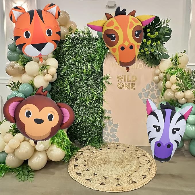 4pcs Large Jungle Safari Animal Balloons, Tiger Giraffe Zebra Monkey Head Foil - Image 7