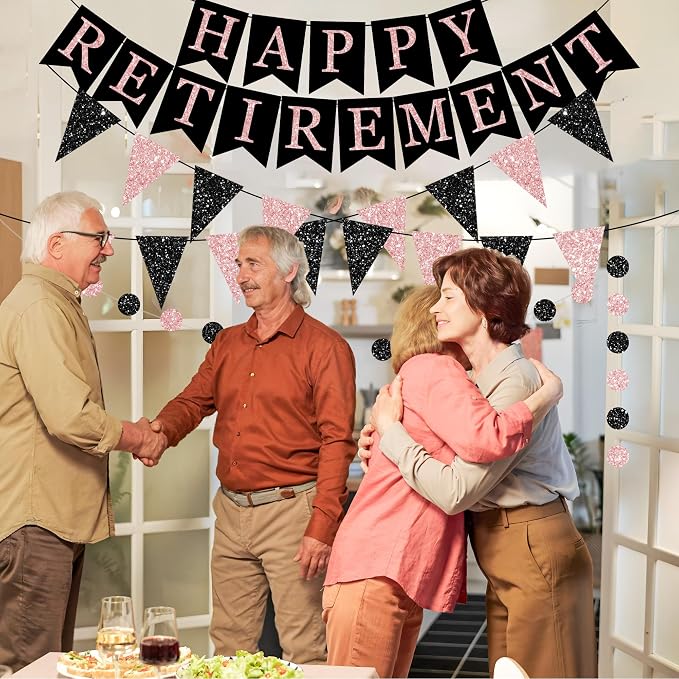 Happy Retirement Banner Rose Gold and Black Retirement Banner Glittery Pennant - Image 4