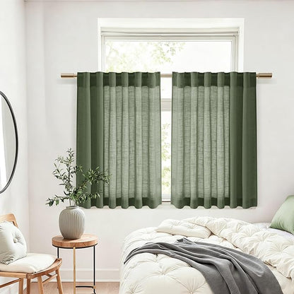 Olive Green Linen Curtains 30 Inch Length Short Kitchen, Semi Sheer Boho Cafe - Image 6