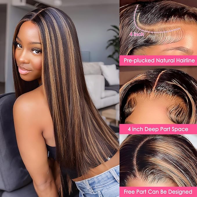 Straight Wigs Human Hair 1B/30 Highlight Ombre Lace Front Wig Human Hair 13x4 Transparent Lace Frontal Black with Brown Highlight Wig for Women 200 Density Glueless Wigs 24 Inch