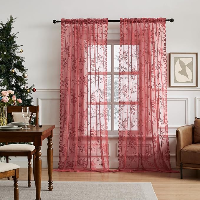 Coral Lace Curtains 108 Inches Long 2 Panels Rod Pocket Large Floral Embroidery by SEEKRIGHTHomeDecor