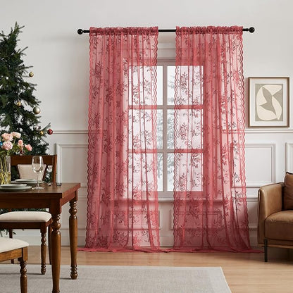 Coral Lace Curtains 108 Inches Long 2 Panels Rod Pocket Large Floral Embroidery by SEEKRIGHTHomeDecor