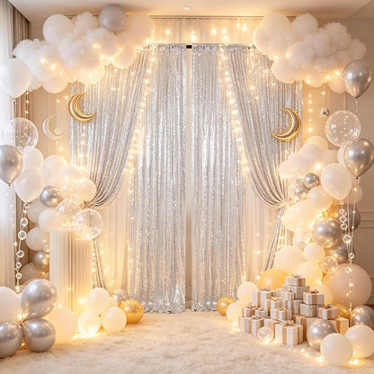 ShinyBeauty 4 Panels Silver Sequin Backdrop Curtains 2x8ft Birthday Party | - Image 3