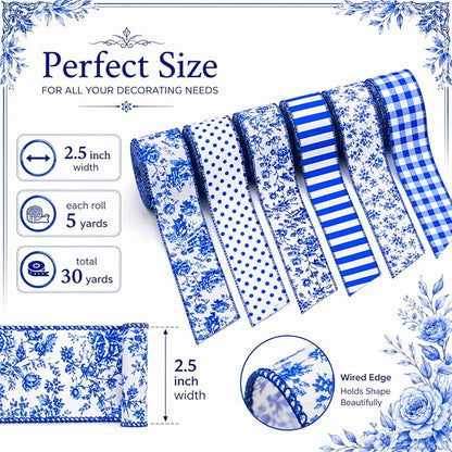 Blue and White Wired Ribbon Set, 6 Rolls 2.5 Inch Decorative Ribbon, - Image 3