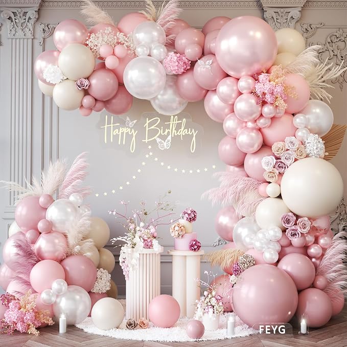 Pearl Pink Balloon Arch Kit, Double Stuffed Pearl Pink Sand White Balloons by FEYG