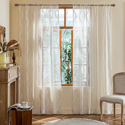 2 Panels Linen Leaf String Floral Embroidered Semi Sheer Curtain Farmhouse - Image 2