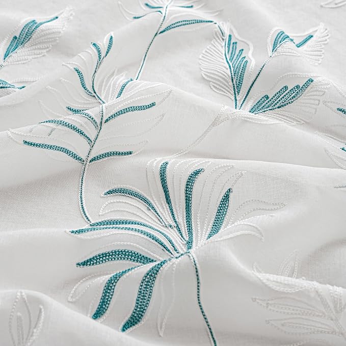 White Sheer Curtains Blue Embroidered Leaf 2 Panels 96 Inches | Light Filtering - Image 4