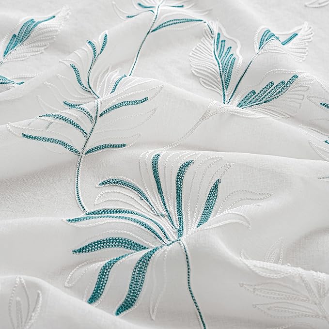 White Sheer Curtains Blue Embroidered Leaf 2 Panels 84 Inches | Light Filtering - Image 4