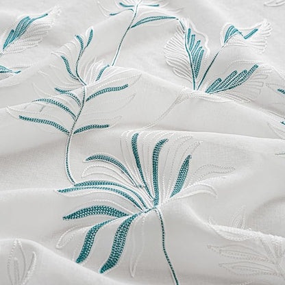 White Sheer Curtains Blue Embroidered Leaf 2 Panels 84 Inches | Light Filtering - Image 4