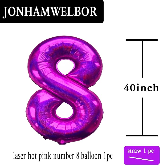 Jonhamwelbor 40 Inch Hot Pink Number 8 Foil Mylar Balloon | Laser, Giant Balloon - Image 2