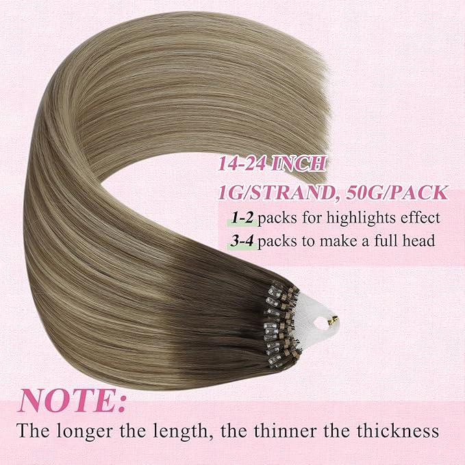 YoungSee Micro Loop Hair Extensions Real Human Hair Balayage Microlink Hair Extensions Human Hair Brown Balayage Blonde Microbead Hair Extension 16Inch Ombre Bead Hair Extension 50s/50g