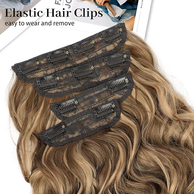 KooKaStyle Hair Extensions Medium Brown mix Caramel Blonde Clip in Synthetic Highlight Hair Extensions Long Wavy 4PCS Thick Hairpieces 20 Inch for Women