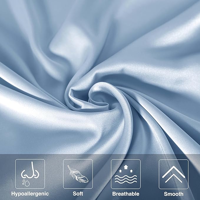 Mulberry Silk Pillowcase for Hair and Skin,Cooling Silk Pillow Case with Hidden Zipper,Allergen Proof Dual Sides Soft Breathable Smooth Silk Pillow Cover for Women (Light Blue,Queen)