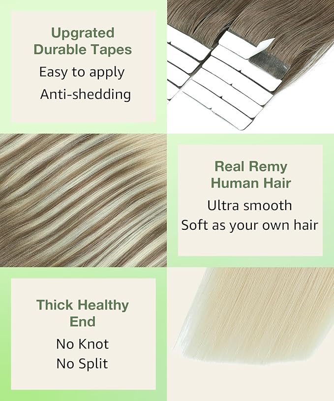 SURNEL 22 inch Tape in Hair Extensions Ombre Color 8 Ash Brown Fading to 60 Platinum Blonde Tape in Hair Extension Hum an Hair 20pcs 50g(#8T60-22)