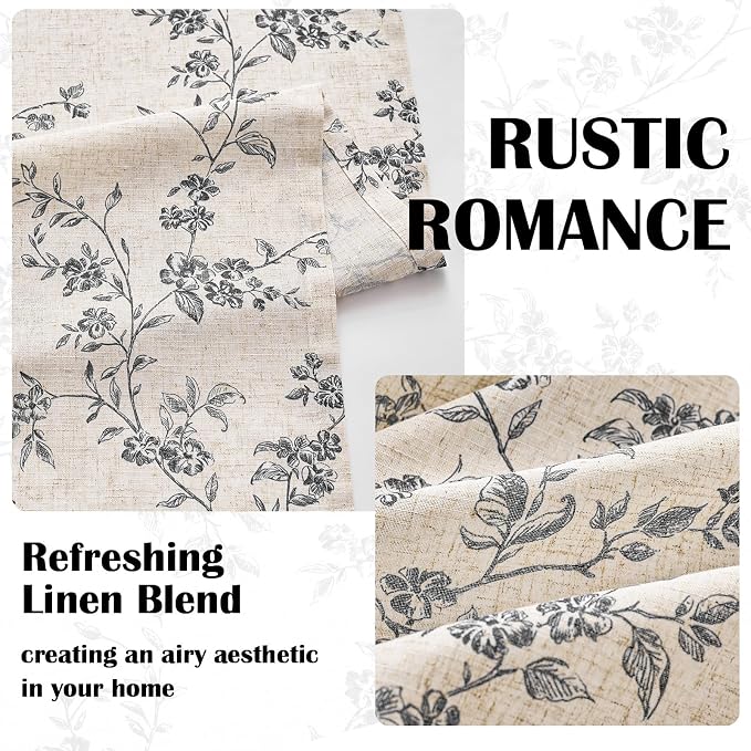 Black Vintage Floral Linen Curtains Farmhouse 50W X 96L 2 Panels | Elisa Series - Image 5
