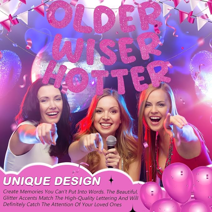 Fulmoon Set of 3 Pre Strung Older Wiser Hotter Glitter Banner Funny Birthday - Image 6